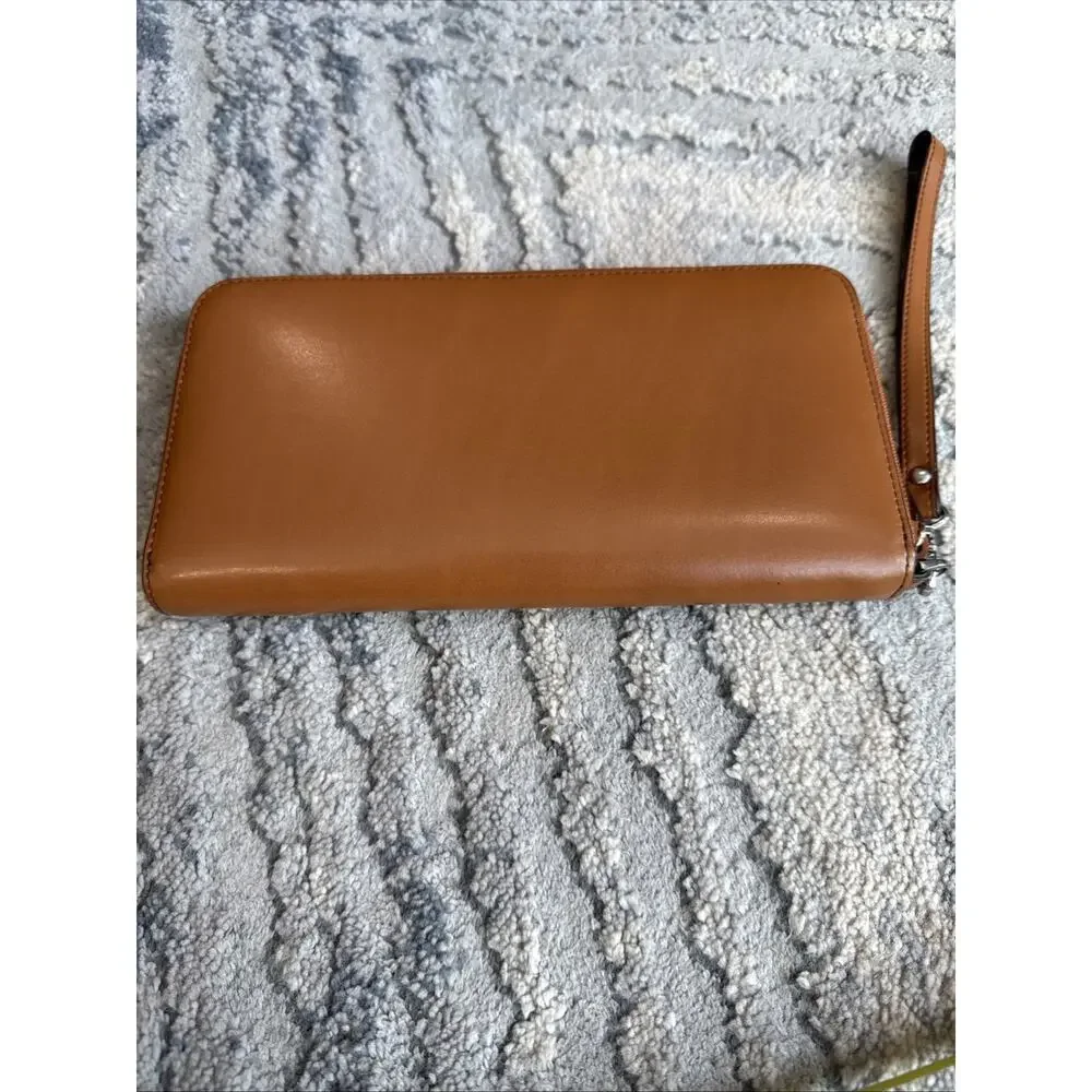 LODIS Tan Leather Zip Around Wristlet Clutch Wallet